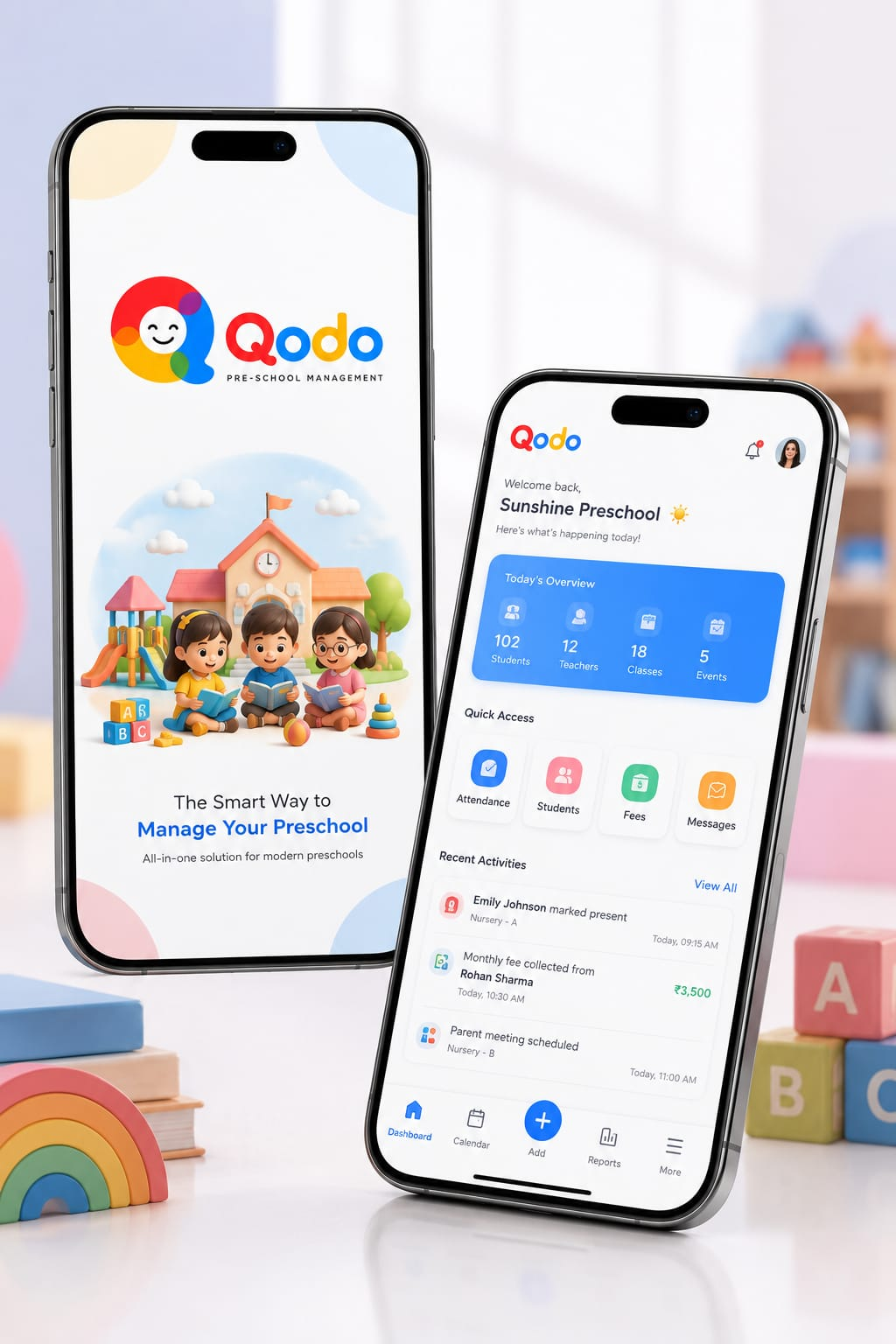 Qodo preschool management app splash screen and dashboard shown on two phones, with students, teachers, classes and today's overview
